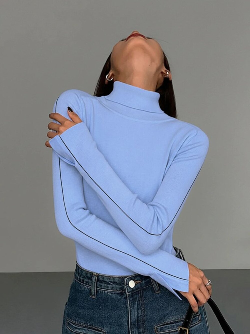Commense Contrast Piping Turtleneck Sweater Blue NWT, Size M